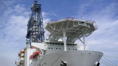 The deep-sea drilling vessel Chikyu, bow view with drilling derrick