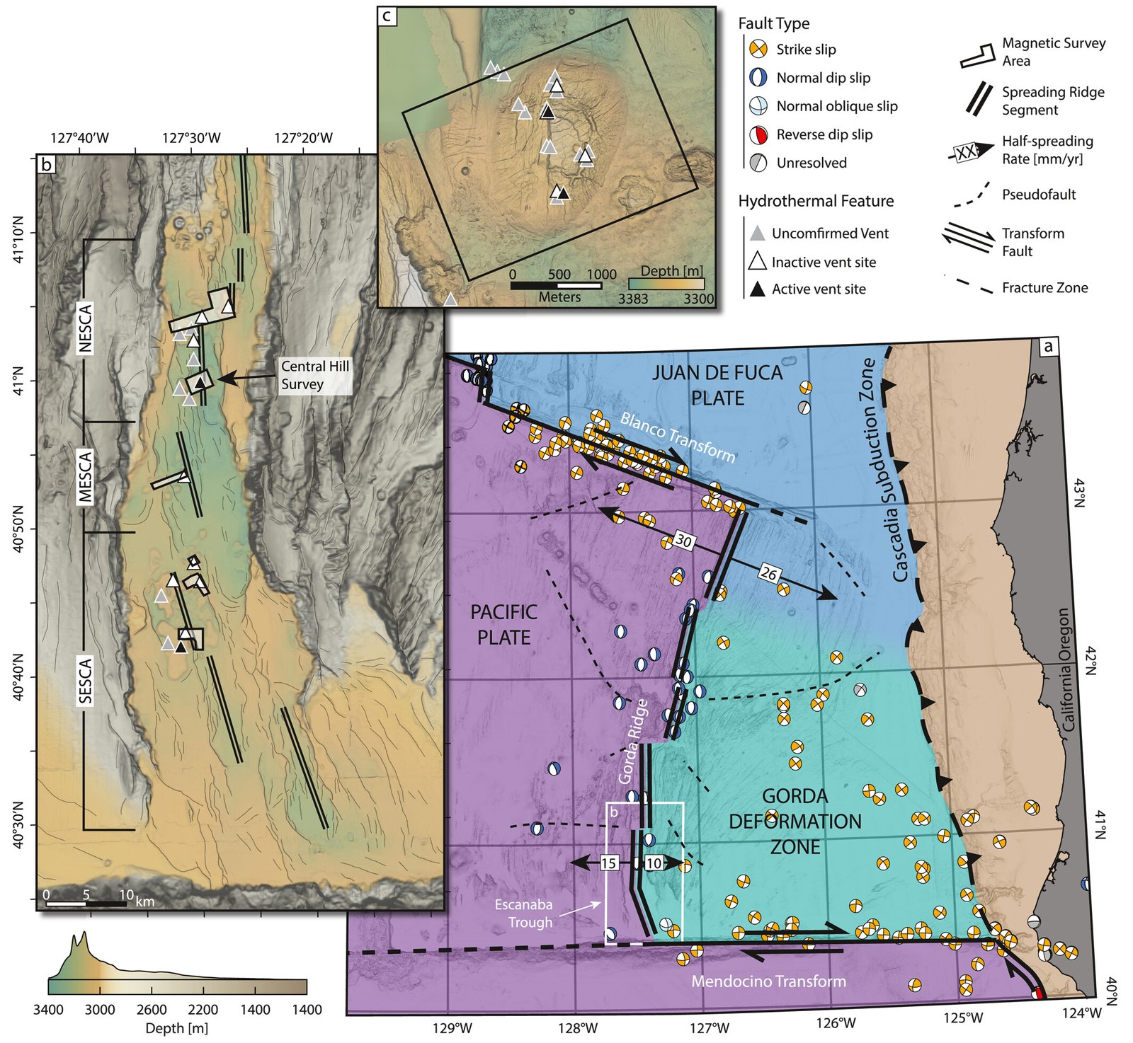 Map of Escanaba Trough, showing tectonic setting and survey lines