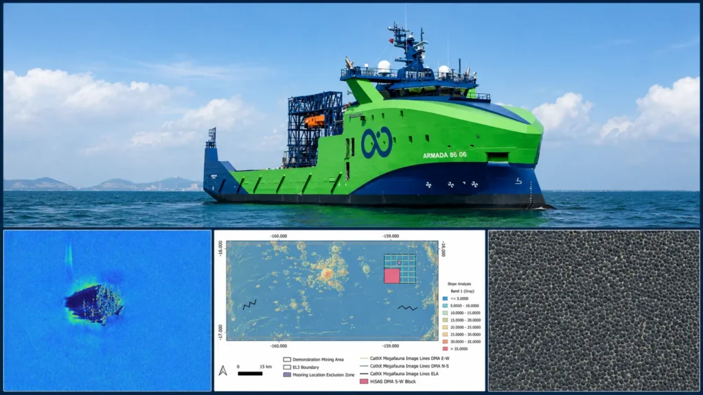 American Ocean Minerals' survey vessel Armada 86 06, with sonar imagery, a map of the demonstration mining area inside the Cook Islands EL3 license and nodule cover on the seafloor from its 2026 work.