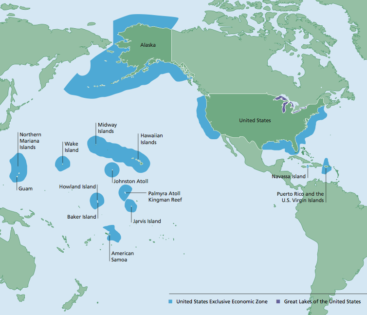 Map of Pacific Ocean with outlines of continents, United States, Alaska, and U.S. Pacific islands labeled, and EEZ outlined.