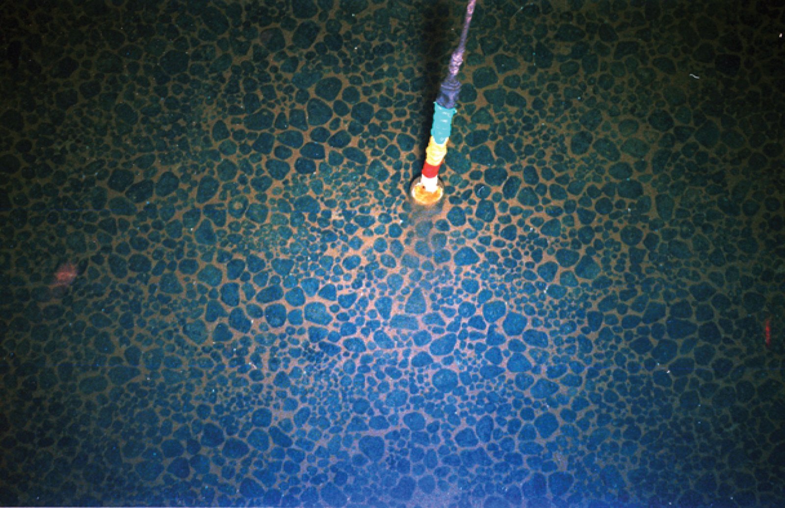 Flat underwater surface with many rocks tucked in close to each other; bright stripes of tape on rod that is touching bottom.