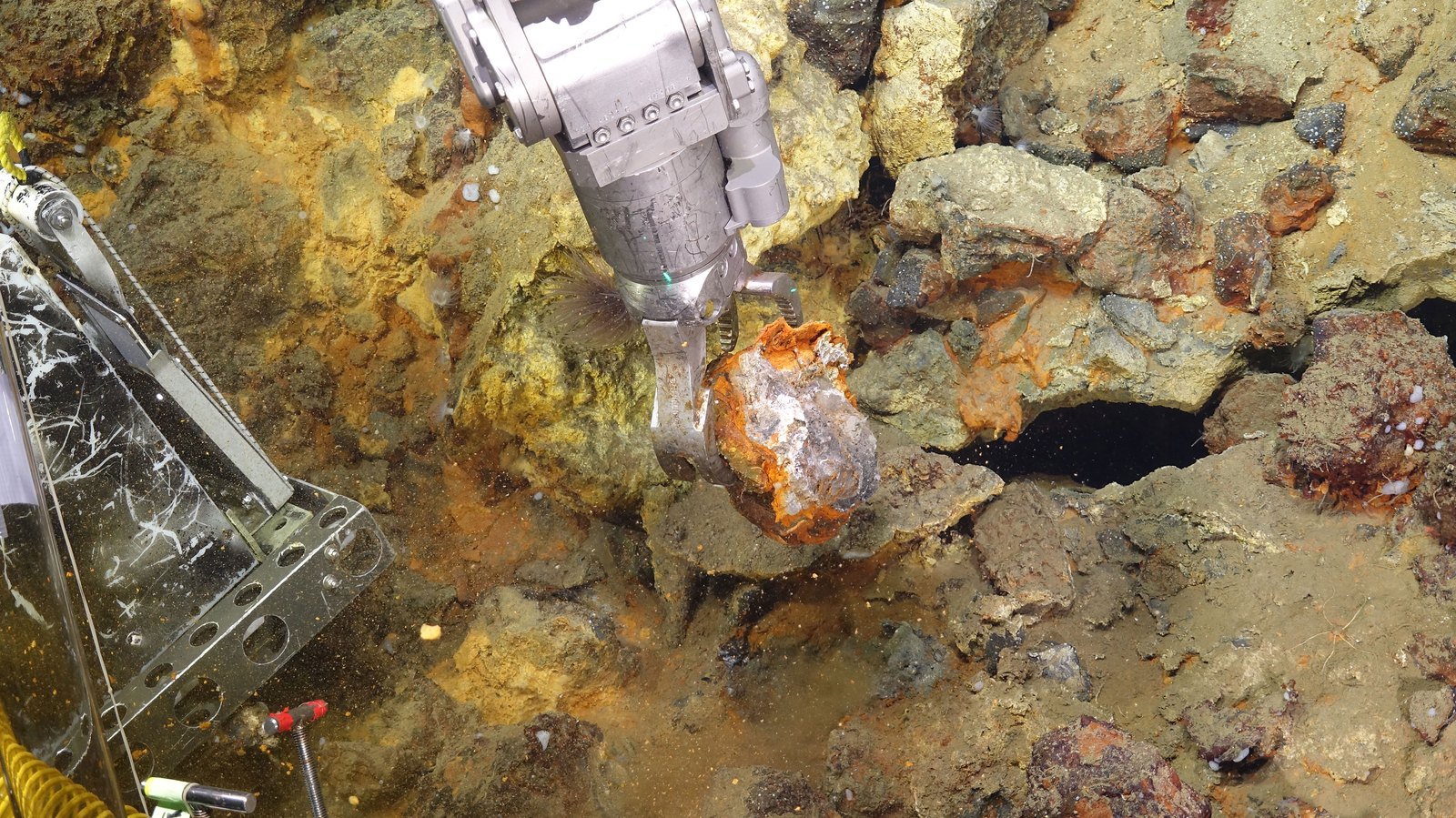 A metal mechanical arm grabs a rock from off the seafloor.