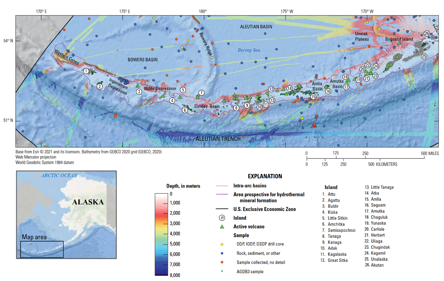 A map showing active volcanoes along the Aleutian Arc