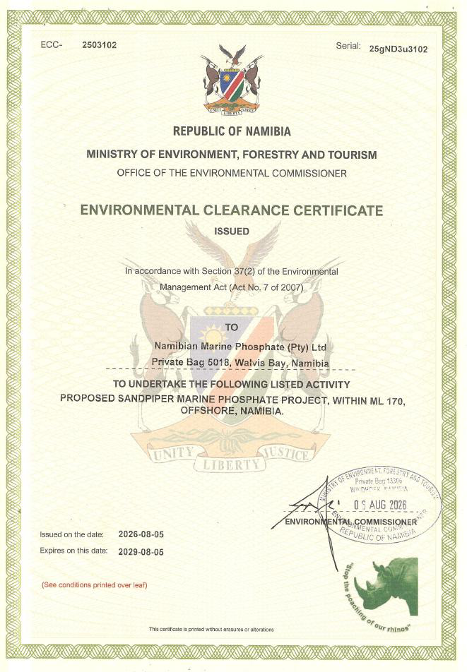 Sandpiper Marine Phosphate Project – Environmental Clearance Certificate Issued for Mining Licence ML 170
