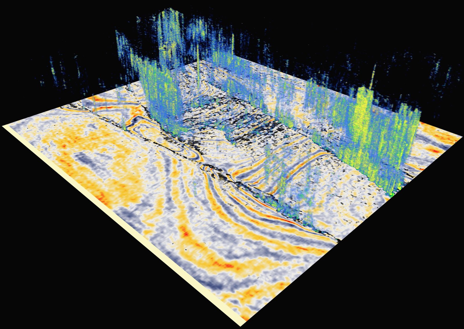 Computer model output looking at an angle, at seismic data represented by lines and swirls, with streams of color going upward.