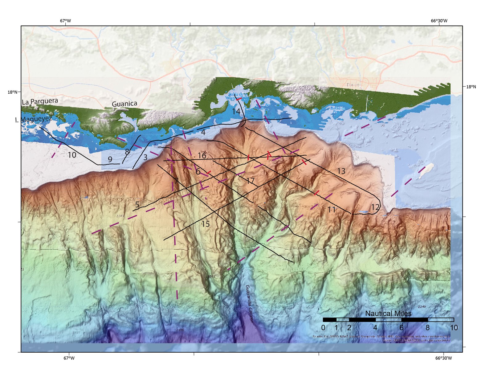 Map of seismic research site on seafloor off Puerto Rico