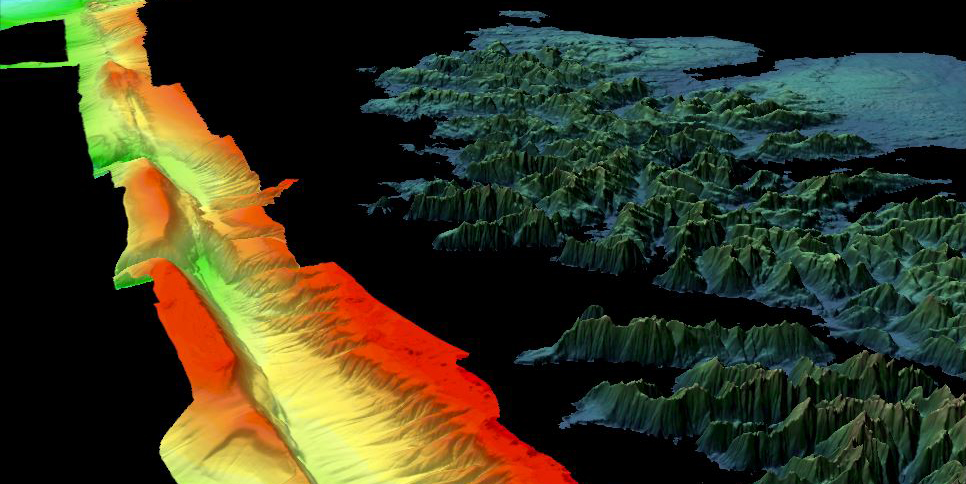 A computed-generated image showing the Queen Charlotte Fault and nearshore area, using bathymetry and lidar data