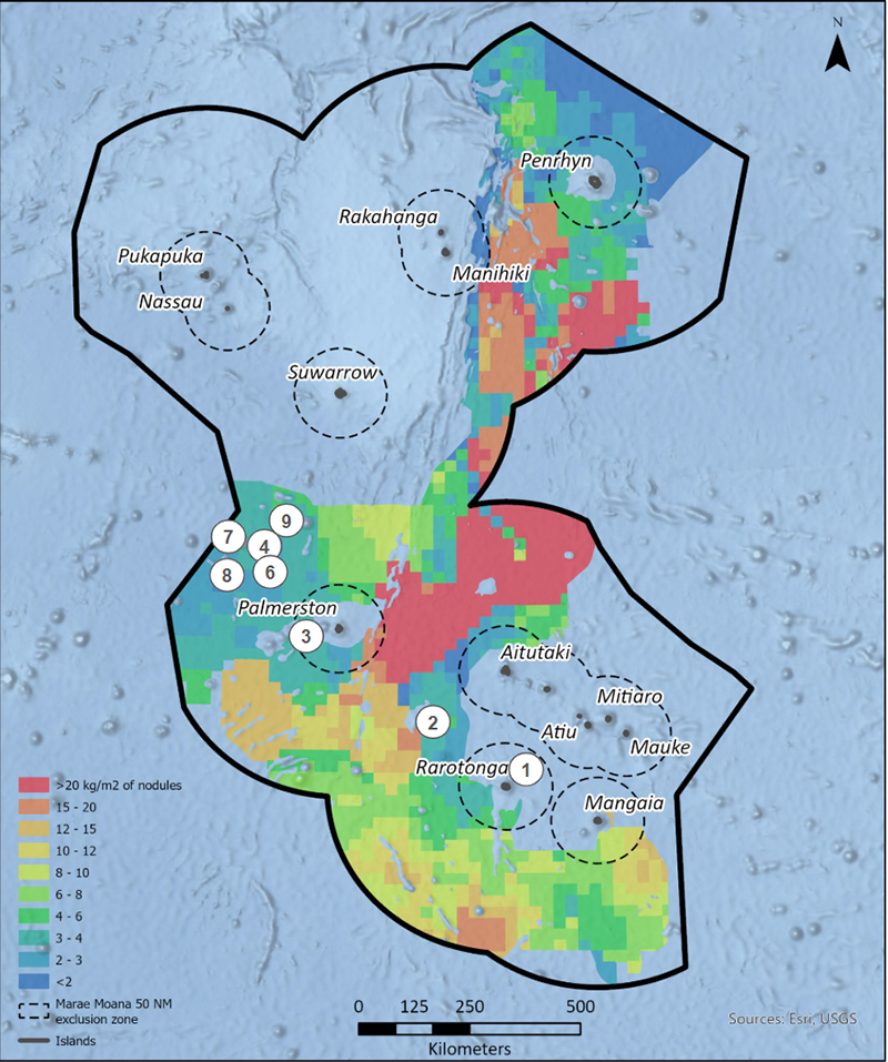 This map shows modeled polymetallic nodule abundance (kg/m2) in parts of the abyssal plains within the Cook Islands exclusive economic zone (EEZ) that had been explored through May 2023.