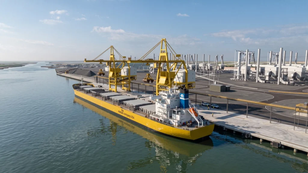 TMC's rendering of the proposed Nodule City processing plant at the Port of Brownsville, Texas. Chief executive Gerard Barron wrote on October 13 that U.S. government support is a prerequisite for building it.