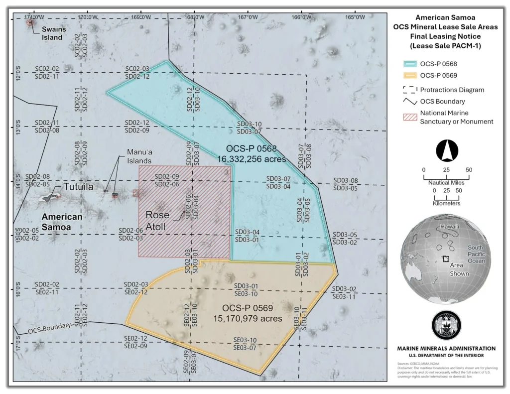The two American Samoa lease areas in the Final Leasing Notice of October 19: OCS-P 0568 to the north and OCS-P 0569 to the south, with the Rose Atoll marine national monument hatched between them. It is the first federal seabed mineral lease sale.